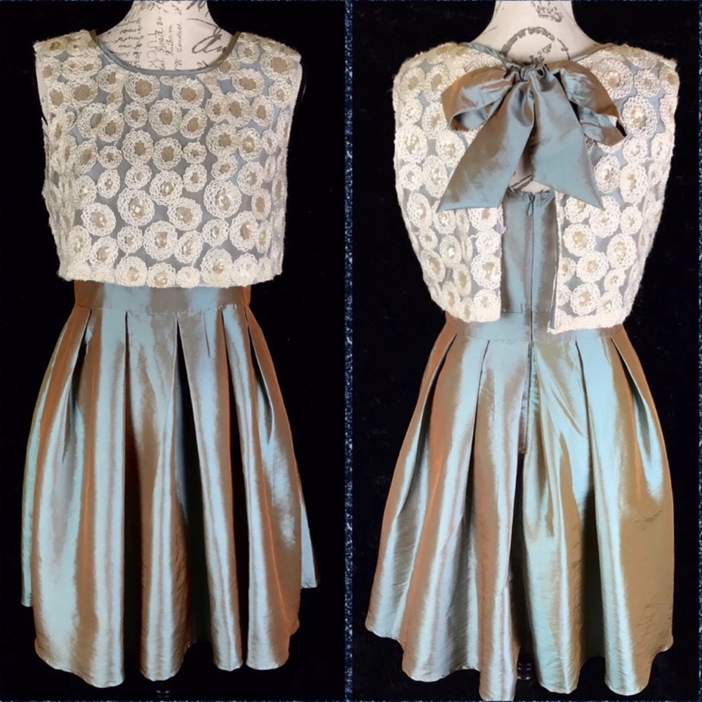 Ryu Brown Green Iridescent Cream Dress Tie Back M